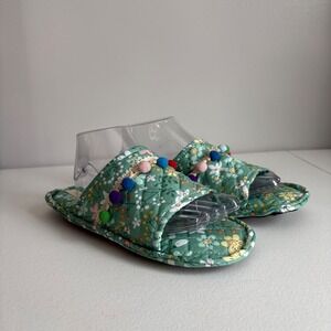 Bundle of 18 Women Floral Quilted House Slippers Pom Pom Trim Open Toe One Size